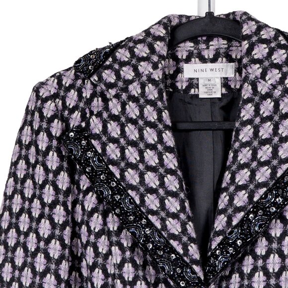 Nine West Winter Jacket M Womens Wool Blend Coat Long Purple Black Beaded Pocket - Picture 2 of 8
